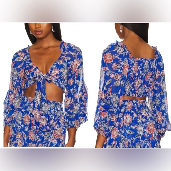 New! MISA Los Angeles Ancora Floral Sireneuse Tie-Front Crop Top 💙 Small NWT!